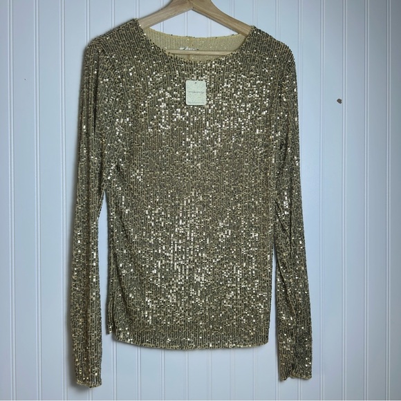 Free People Gold Sequin Crew Neck Long Sleeve Top Pull Over NWT - Picture 5 of 13